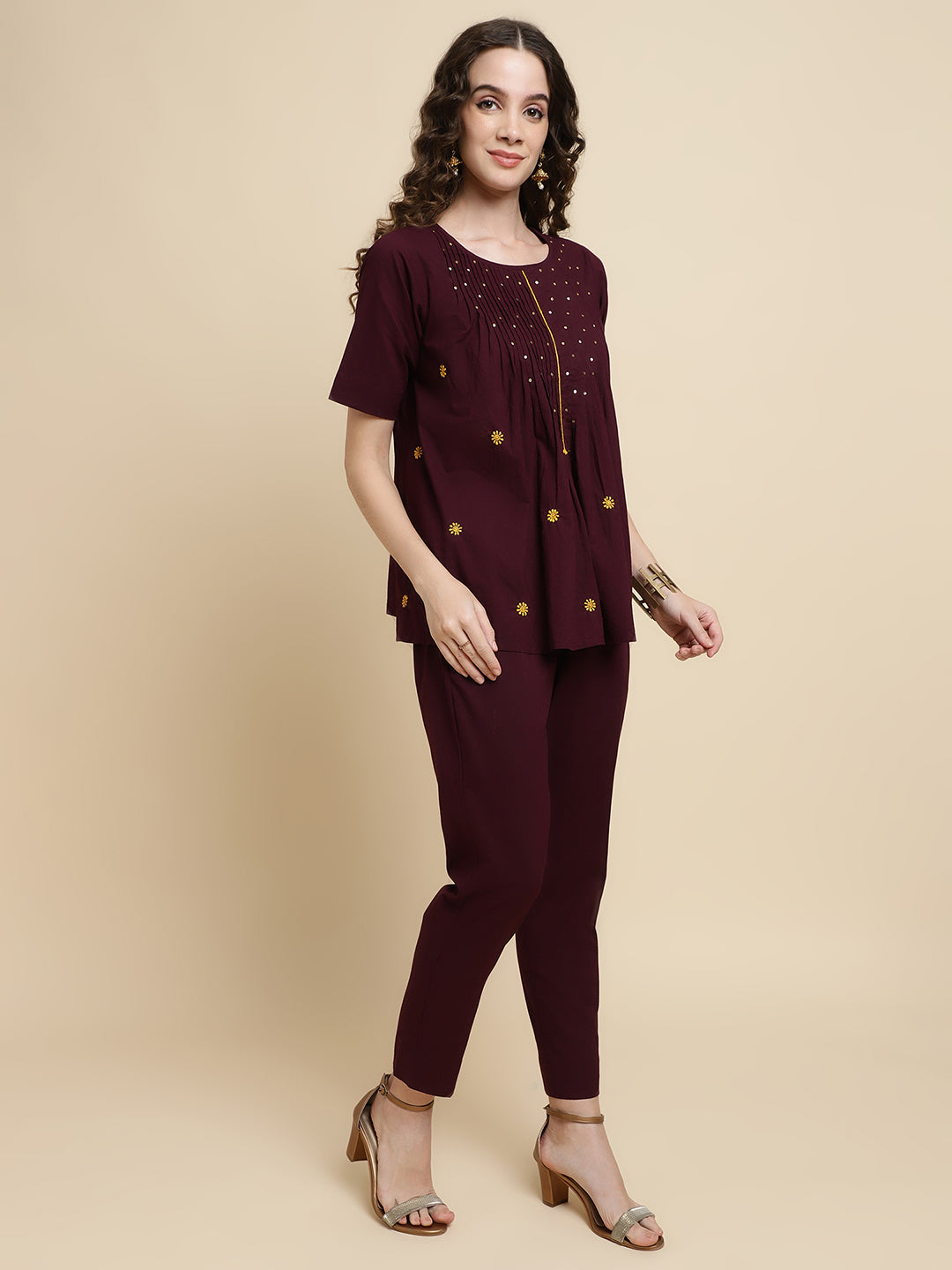 Women Solid Brown Embroidered Co-ord Set