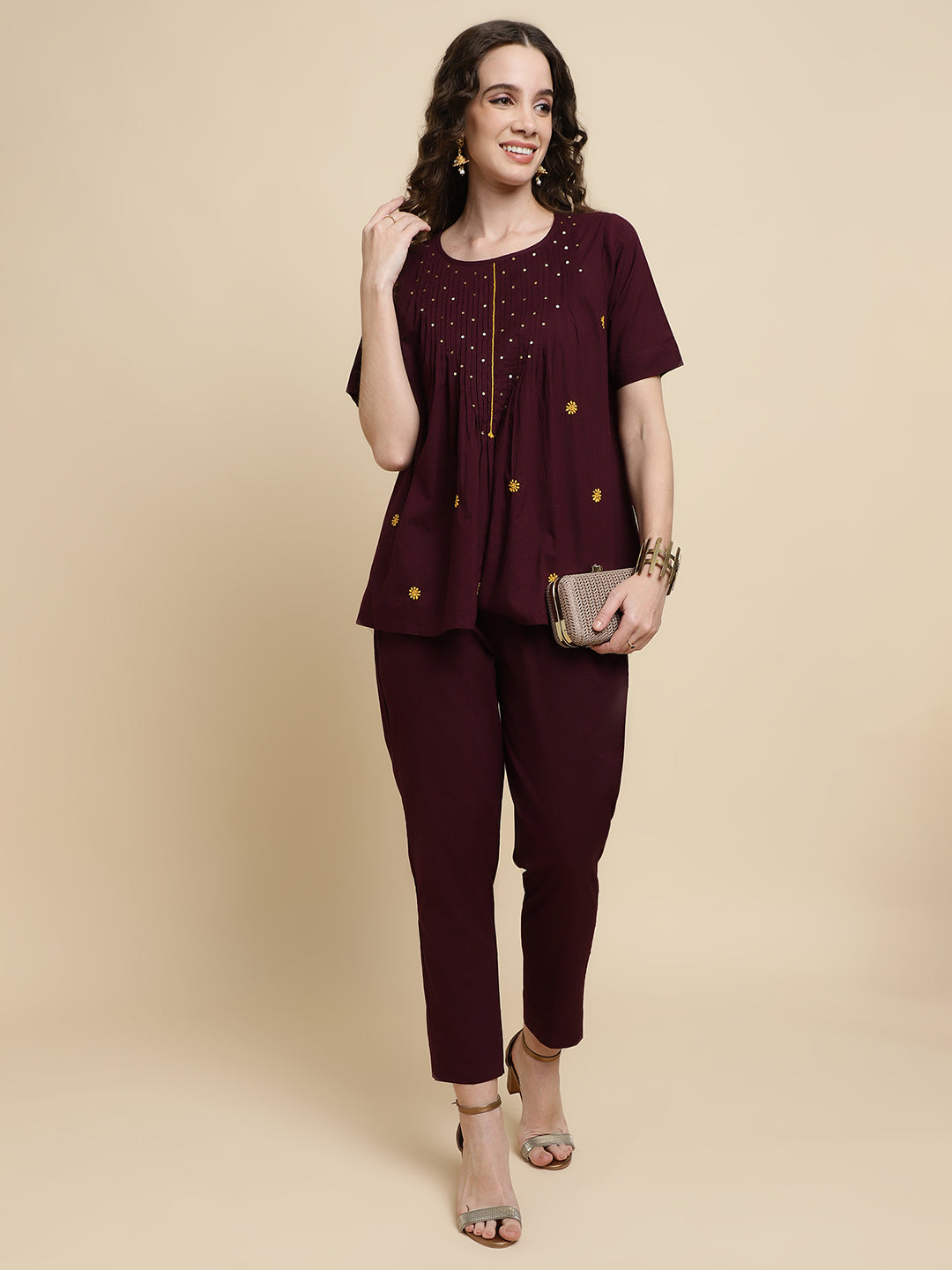 Women Solid Brown Embroidered Co-ord Set