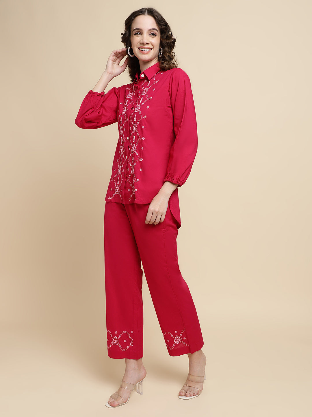 Women Solid Pink Embroidered Co-ord Set