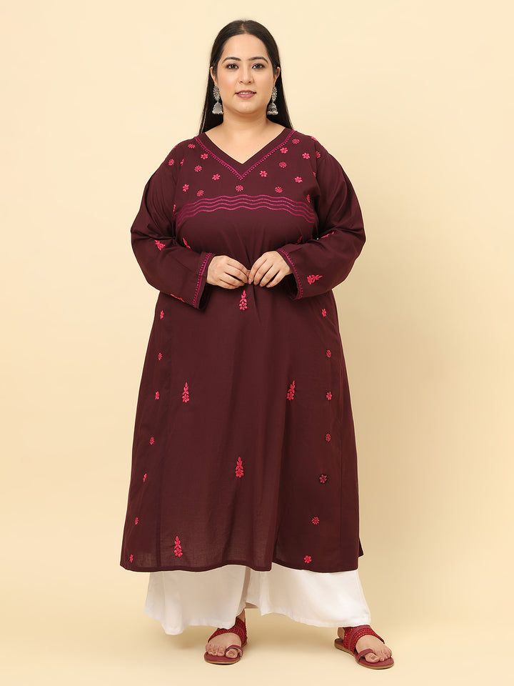 Women Brown Solid Embroidered Plus size Kurta