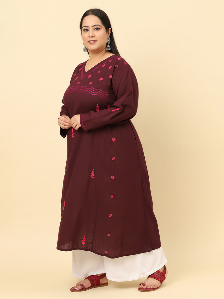 Women Brown Solid Embroidered Plus size Kurta