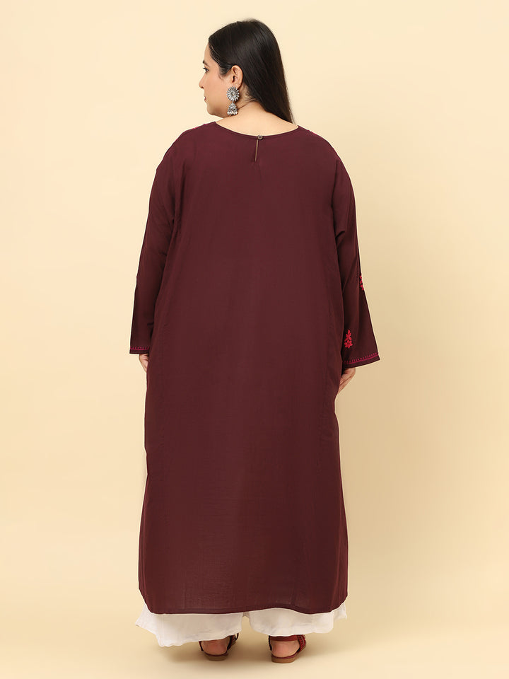 Women Brown Solid Embroidered Plus size Kurta