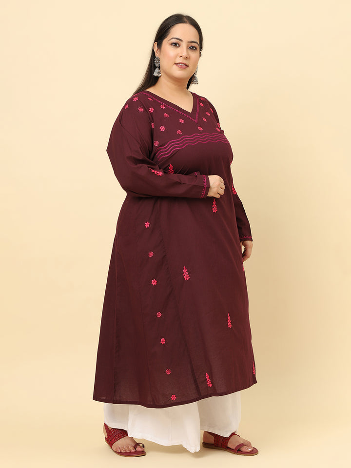 Women Brown Solid Embroidered Plus size Kurta