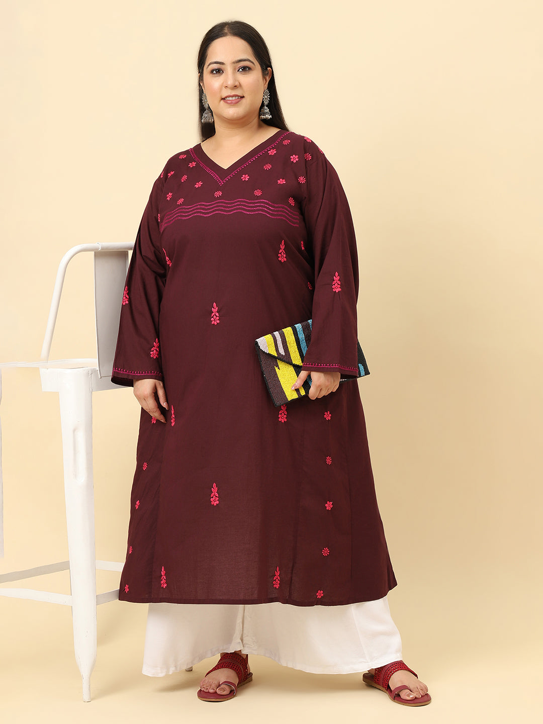 Women Brown Solid Embroidered Plus size Kurta