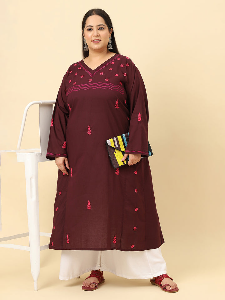 Women Brown Solid Embroidered Plus size Kurta