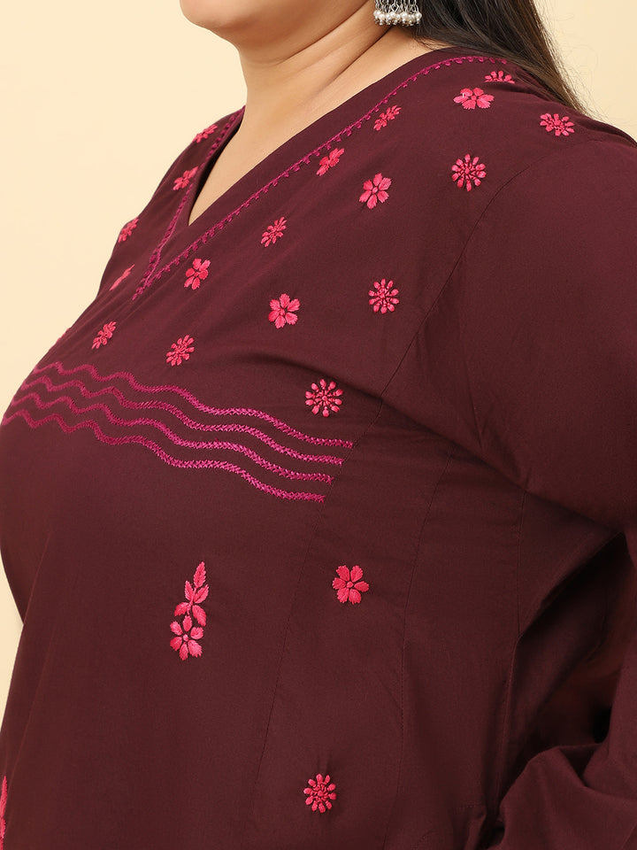 Women Brown Solid Embroidered Plus size Kurta