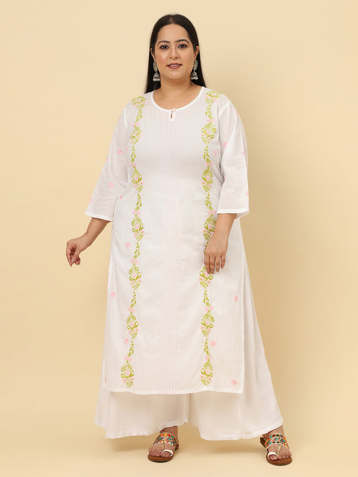 Women White Solid Embroidered Plus size Kurta