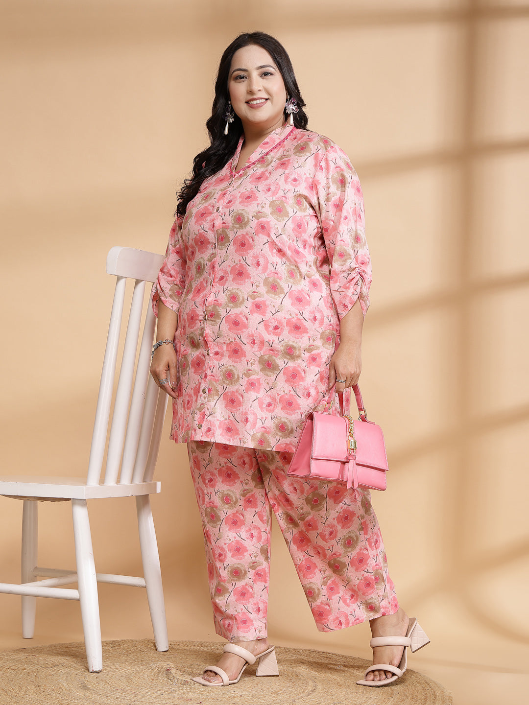 Women Pink Printed Plus Size Co-ord Set