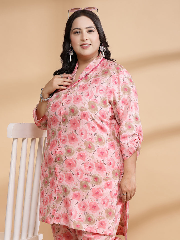 Women Pink Printed Plus Size Co-ord Set