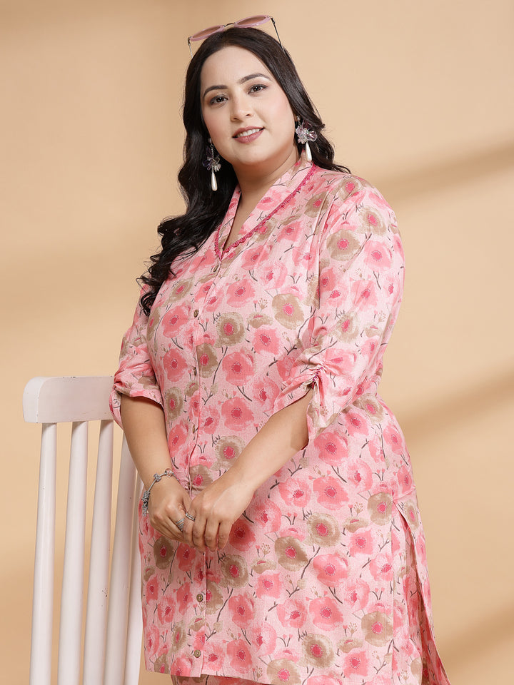 Women Pink Printed Plus Size Co-ord Set