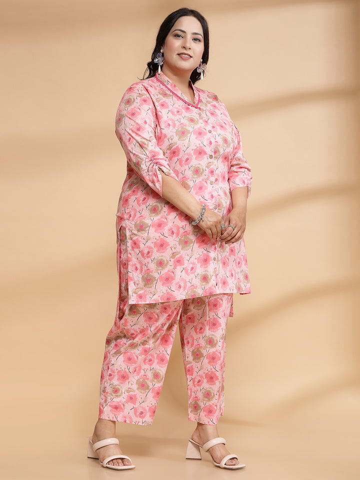 Women Pink Printed Plus Size Co-ord Set