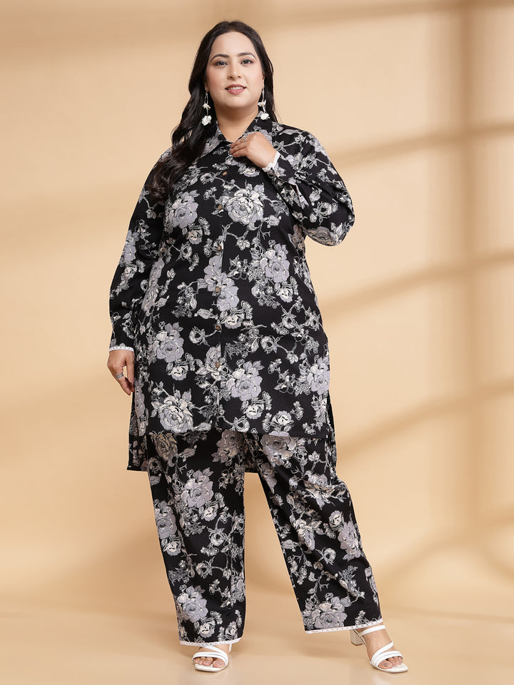 Women Black Printed Plus Size Co-ord Set