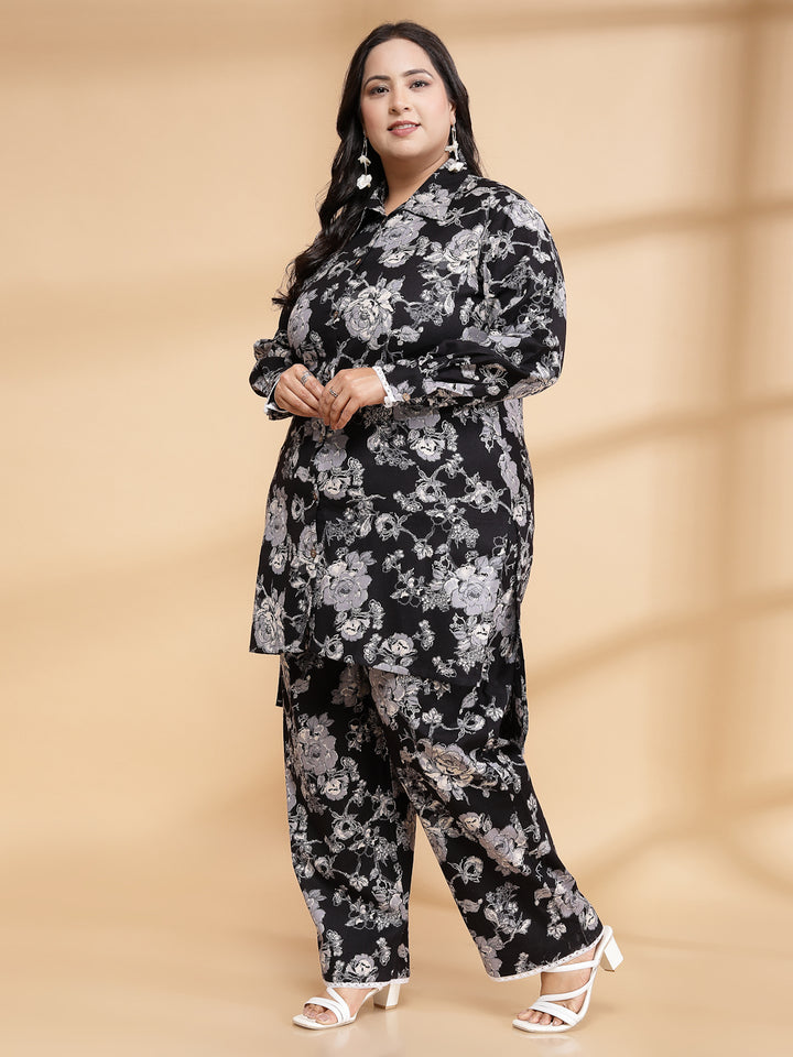 Women Black Printed Plus Size Co-ord Set