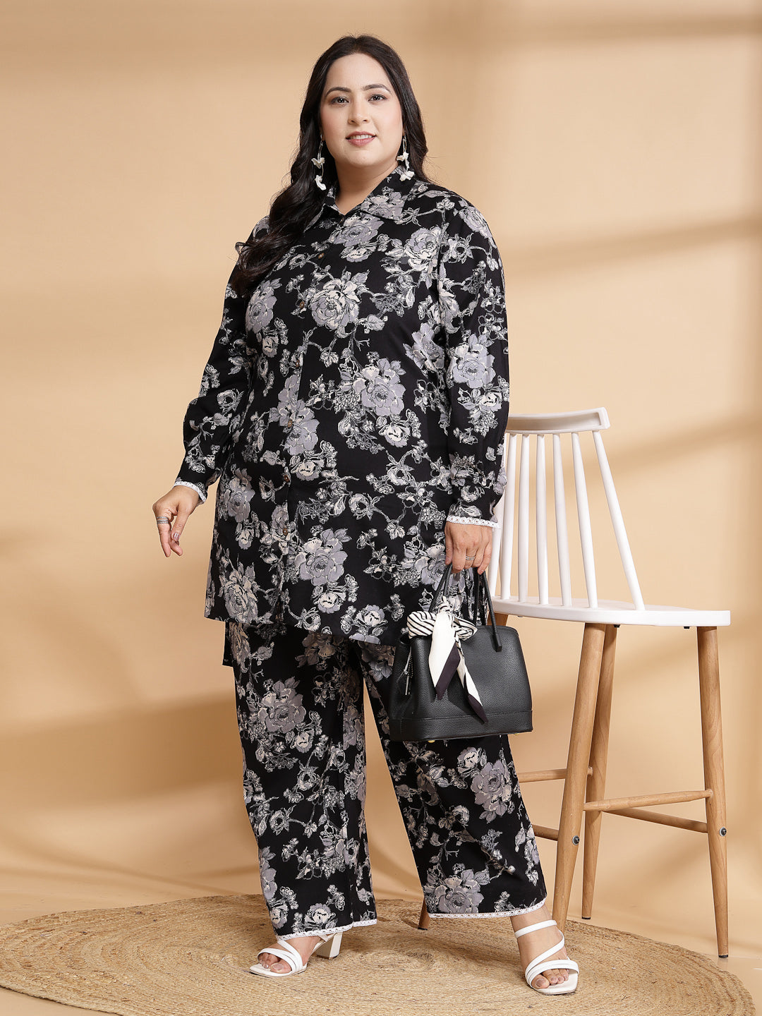 Women Black Printed Plus Size Co-ord Set