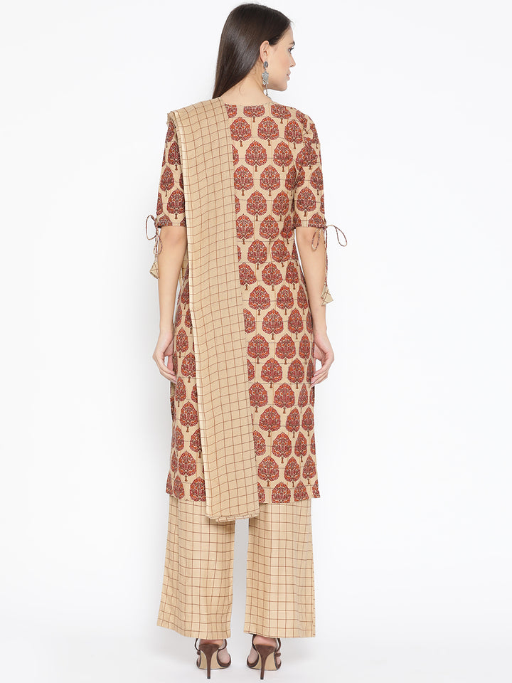Women Brown Printed Kurta with Trousers and Dupatta