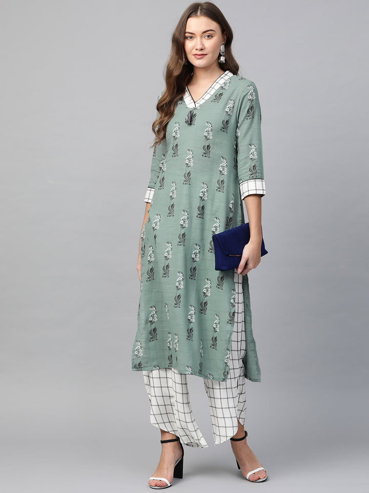 Women Grey Printed Kurta with Palazzos