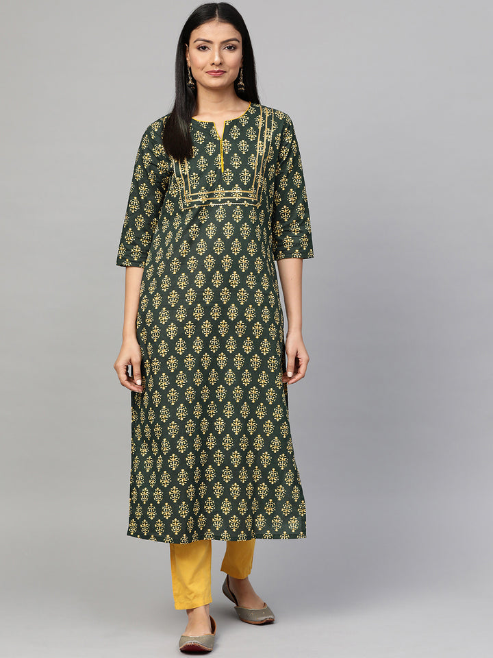 Women Green Printed Yoke Design Kurta