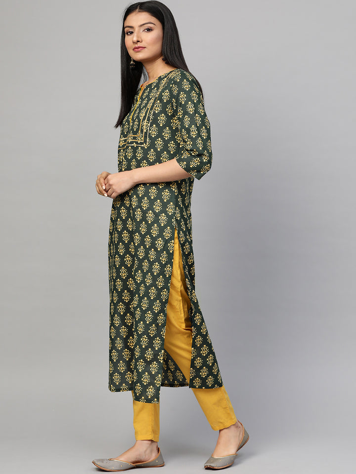 Women Green Printed Yoke Design Kurta