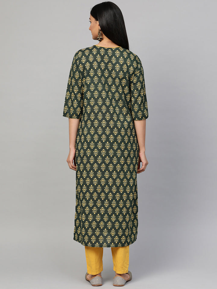 Women Green Printed Yoke Design Kurta