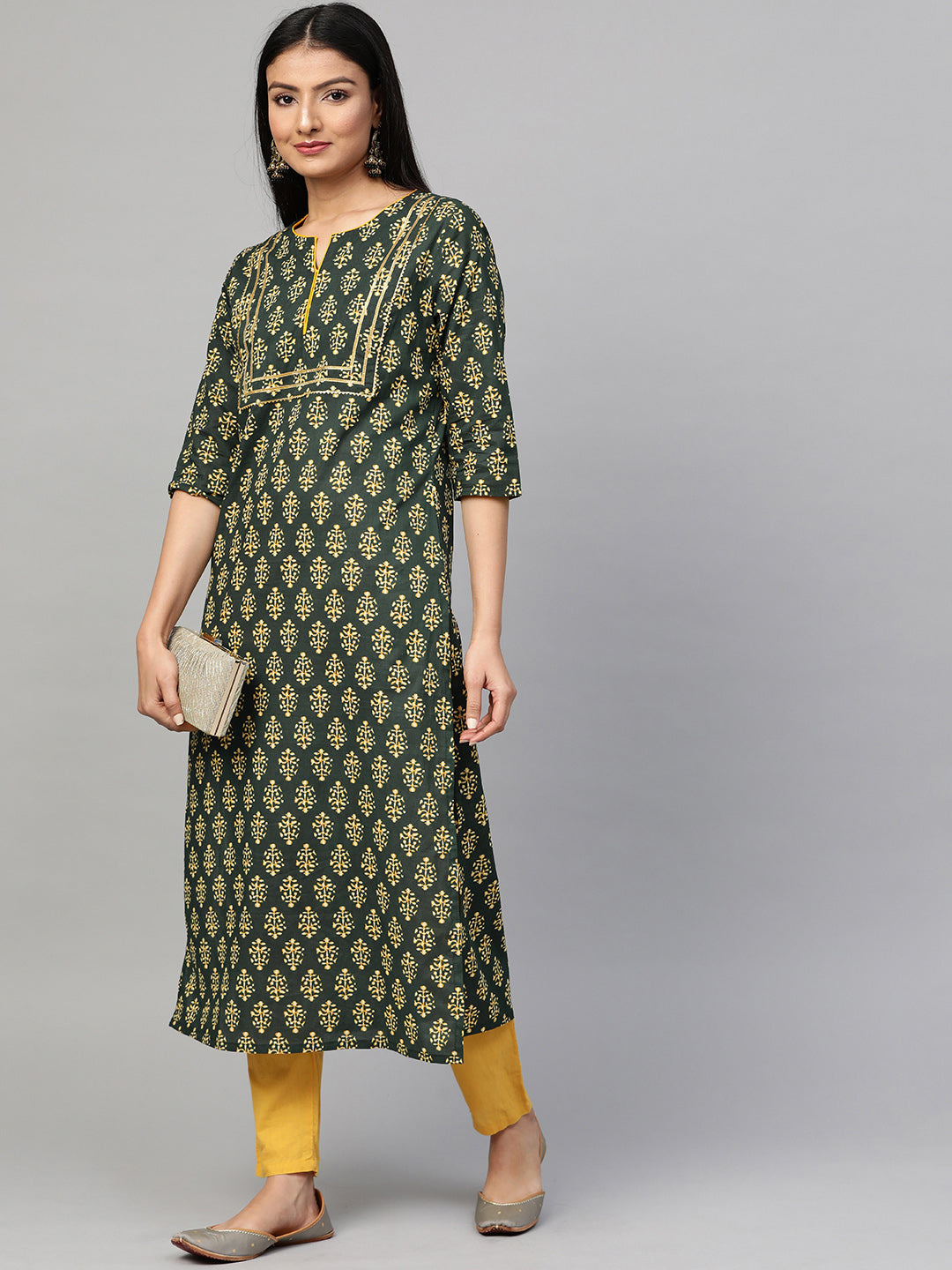 Women Green Printed Yoke Design Kurta