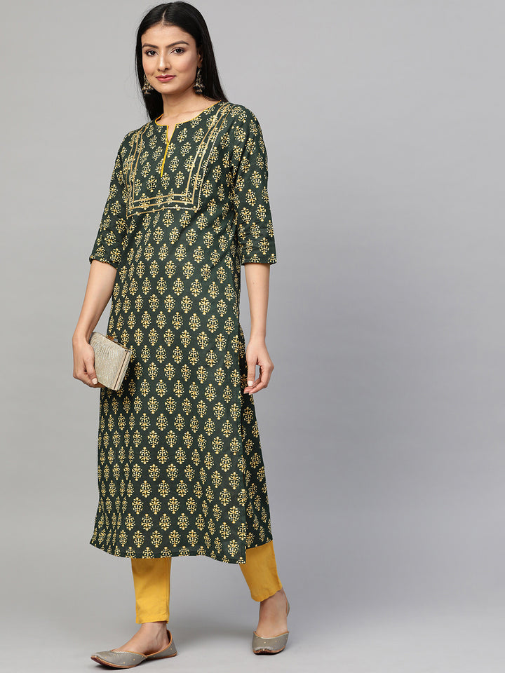 Women Green Printed Yoke Design Kurta