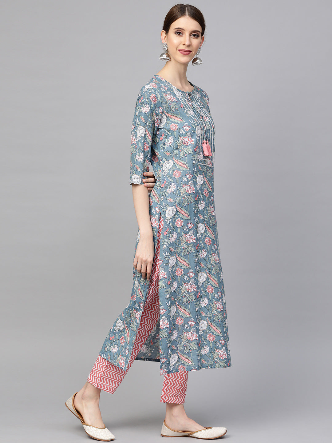 Women Blue Floral Printed Gota work Kurta with Trousers and Dupatta