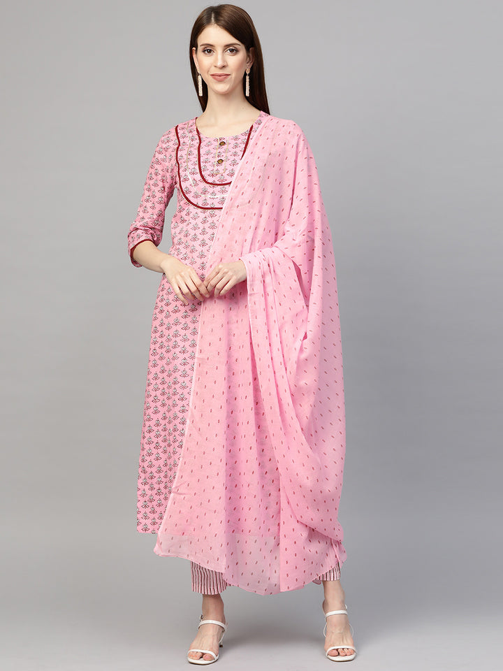 Women Pink Printed Kurta with Trousers and Dupatta