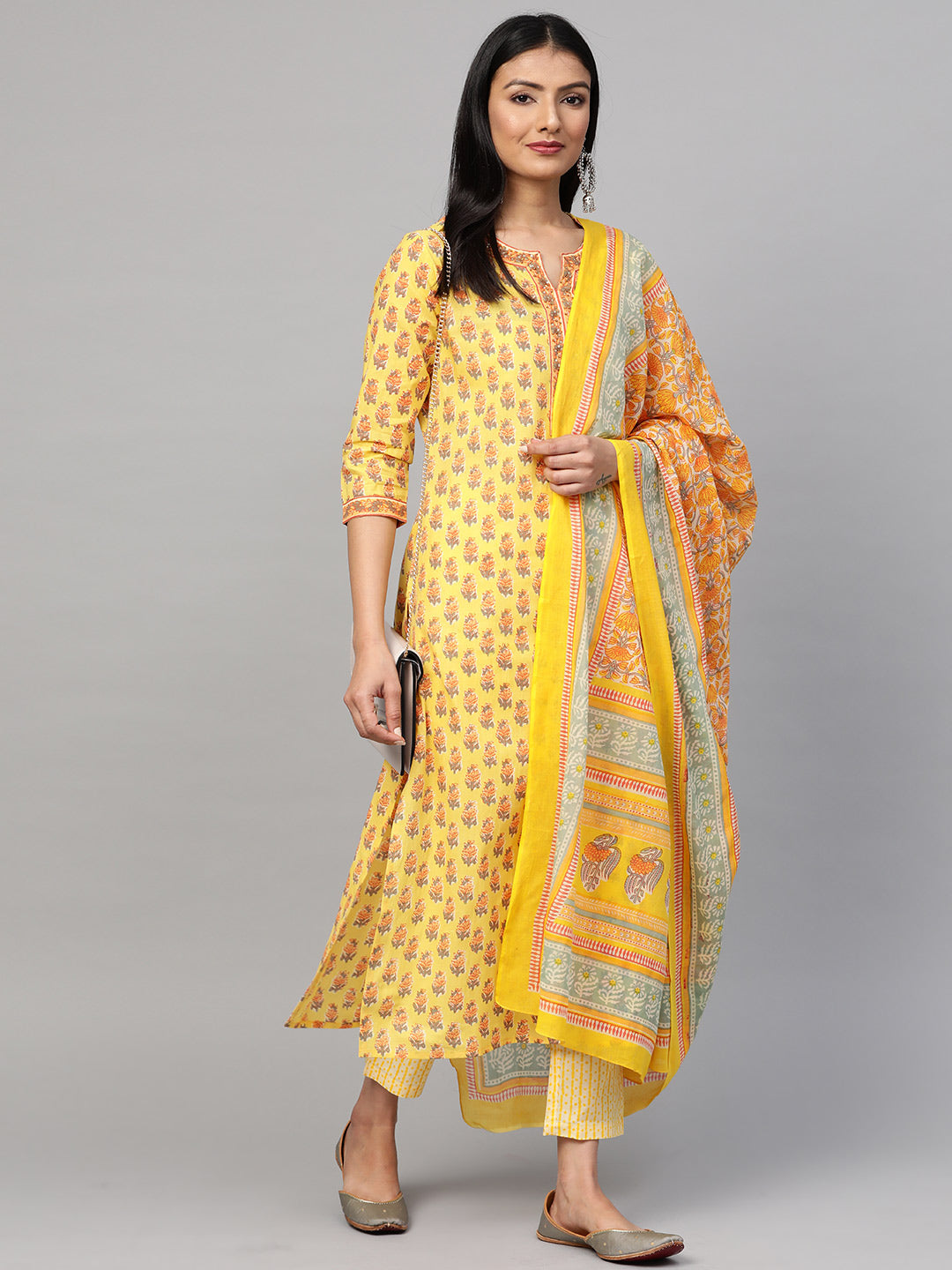 Women Yellow Printed Sequence Detailing Kurta with Trousers and Dupatta