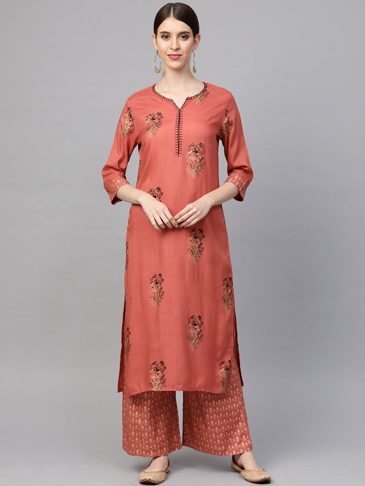 Women Rust Printed Kurta with Palazzos