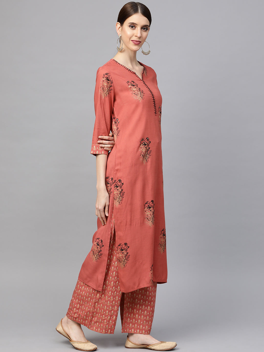 Women Rust Printed Kurta with Palazzos