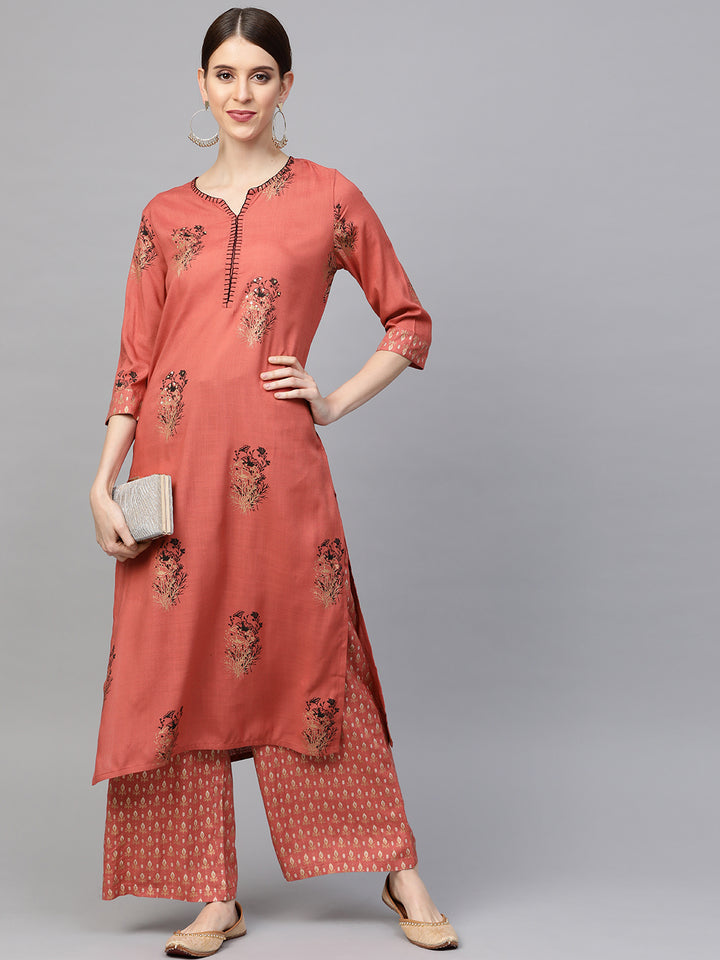 Women Rust Printed Kurta with Palazzos