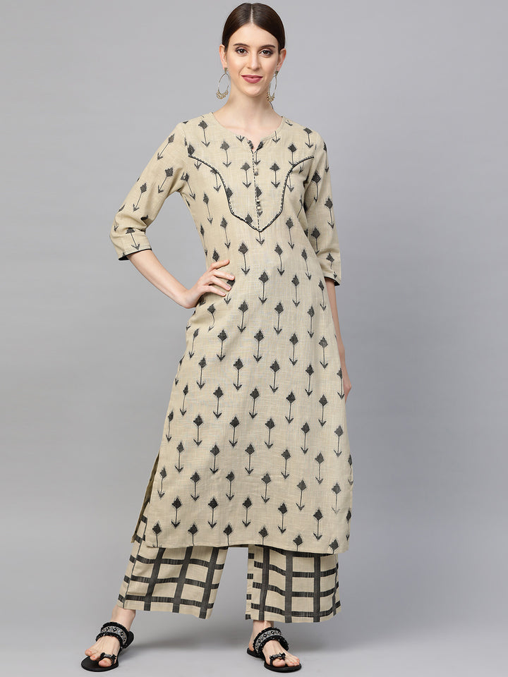 Women Brown and Black Abstract Printed Kurta with Palazzos