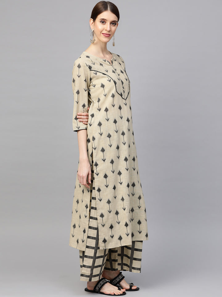 Women Brown and Black Abstract Printed Kurta with Palazzos