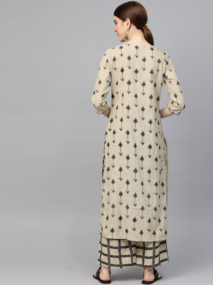 Women Brown and Black Abstract Printed Kurta with Palazzos