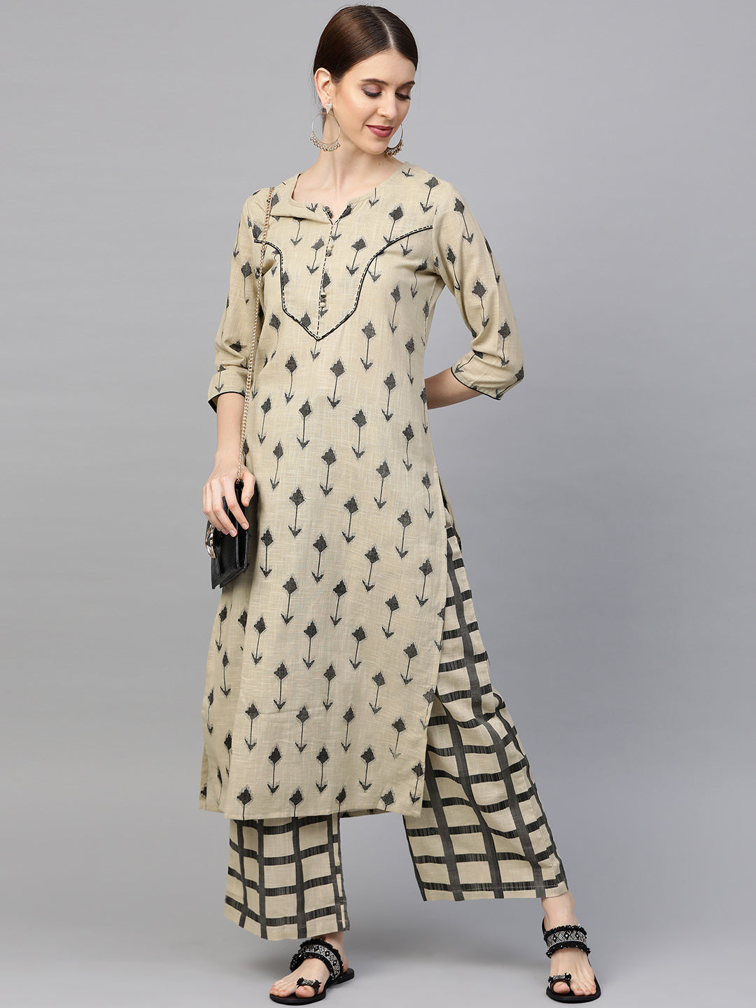 Women Brown and Black Abstract Printed Kurta with Palazzos
