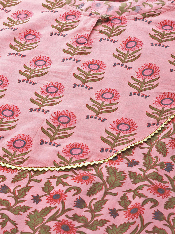 Women Pink Printed Yoke Design Kurta with Trousers