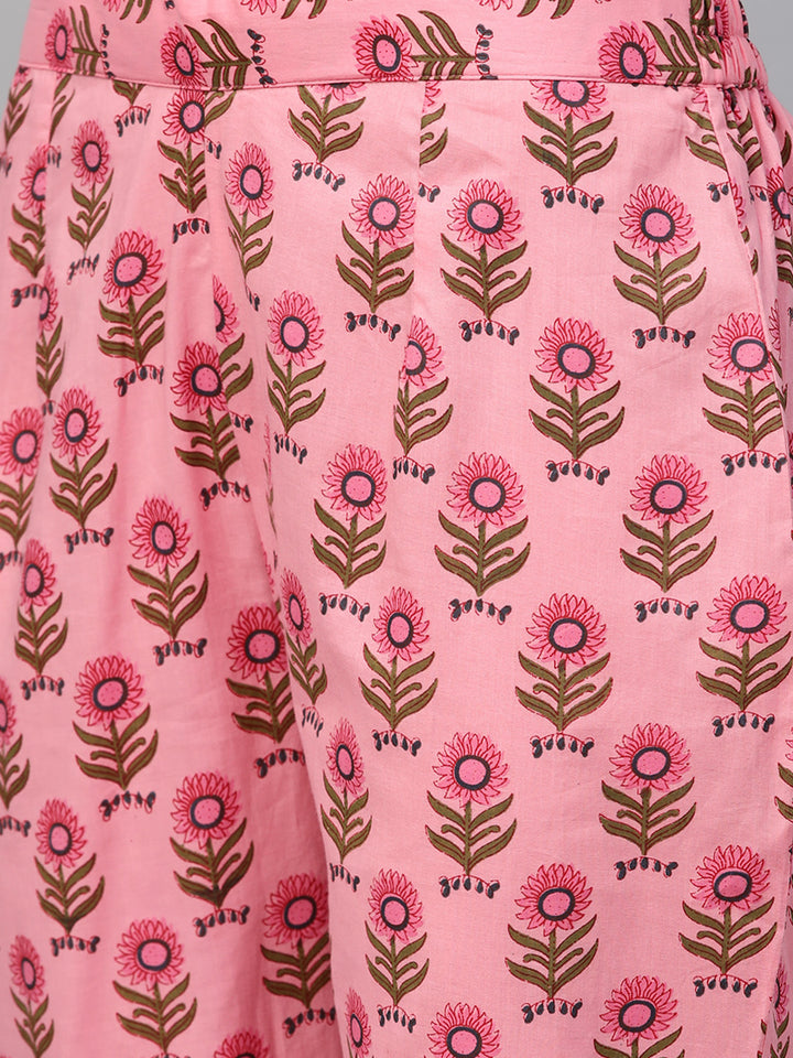 Women Pink Printed Yoke Design Kurta with Trousers