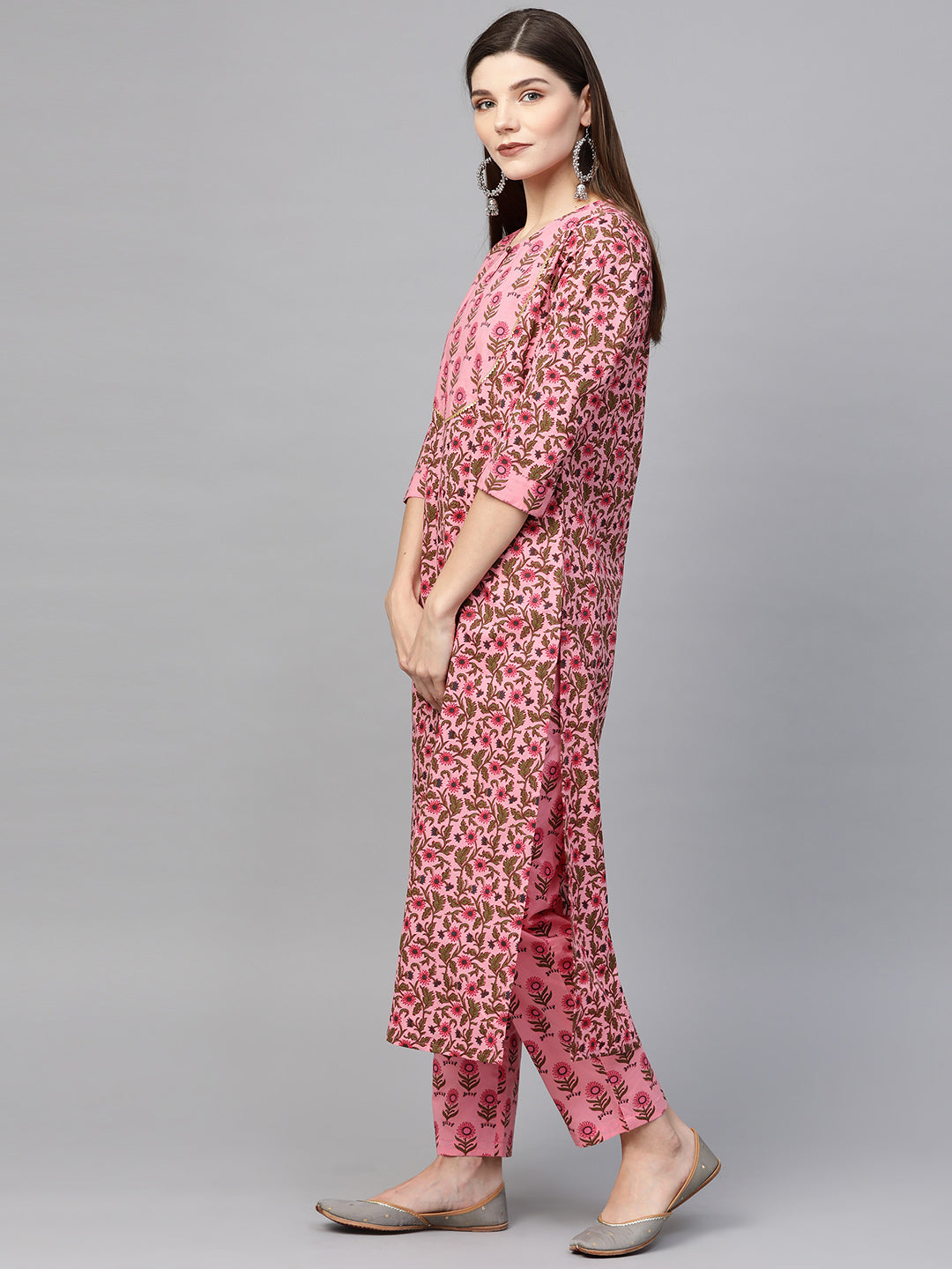Women Pink Printed Yoke Design Kurta with Trousers