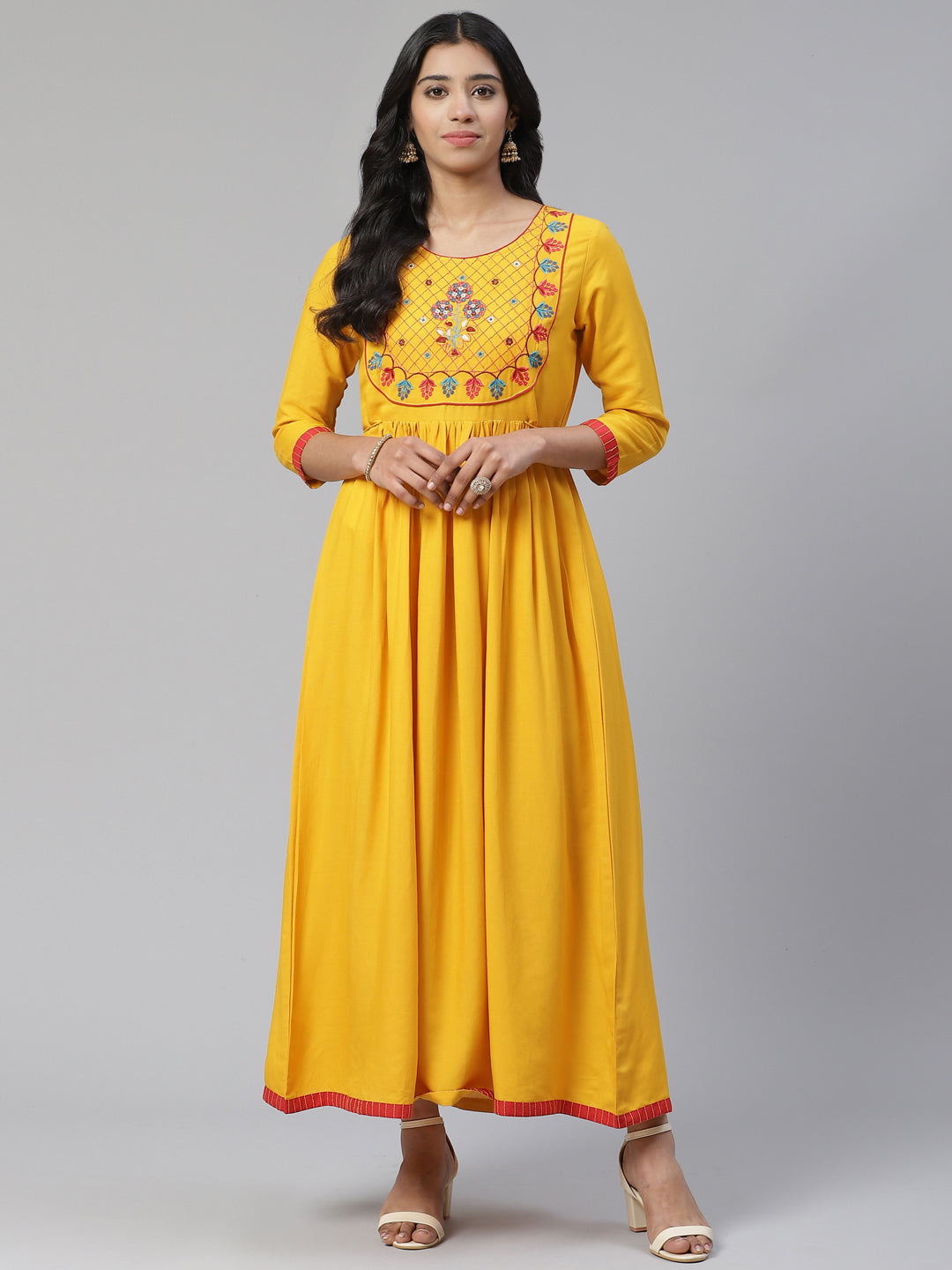 Women Yellow Embrodiered Thread work Long Kurta