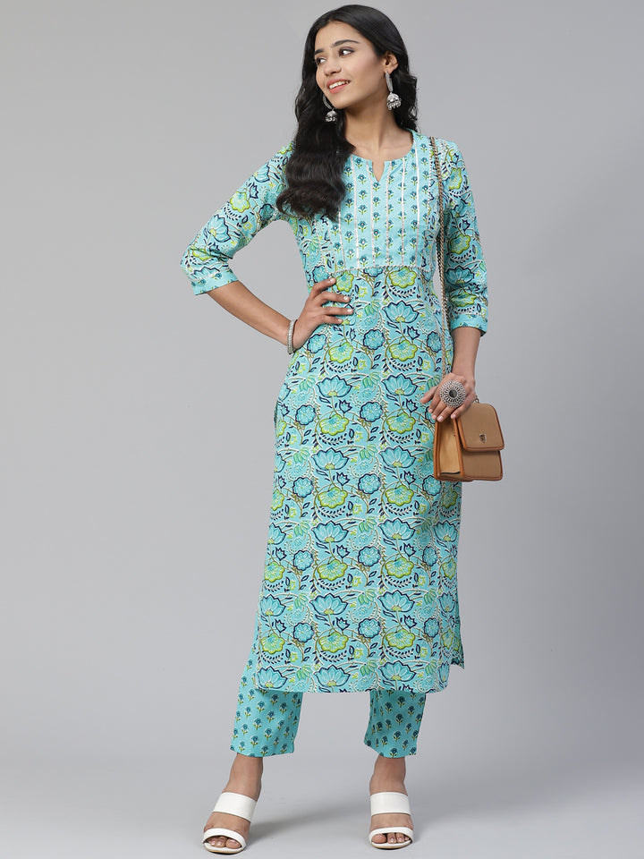 Women Green Floral Printed Gota Work Kurta with Trousers