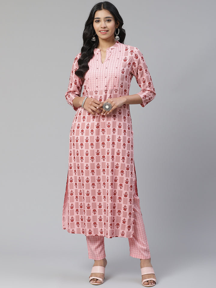 Women Pink Printed Hand work Yoke Design Kurta with Trousers
