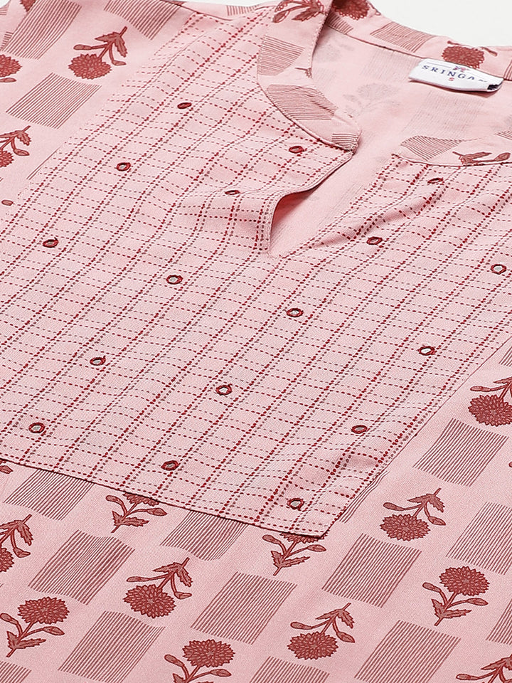 Women Pink Printed Hand work Yoke Design Kurta with Trousers