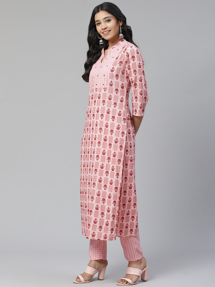 Women Pink Printed Hand work Yoke Design Kurta with Trousers