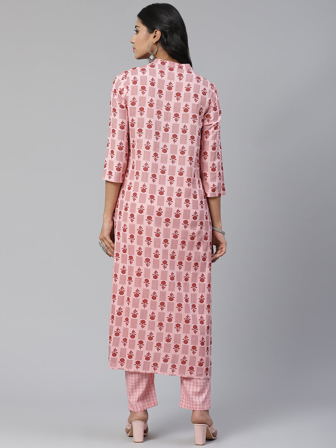 Women Pink Printed Hand work Yoke Design Kurta with Trousers