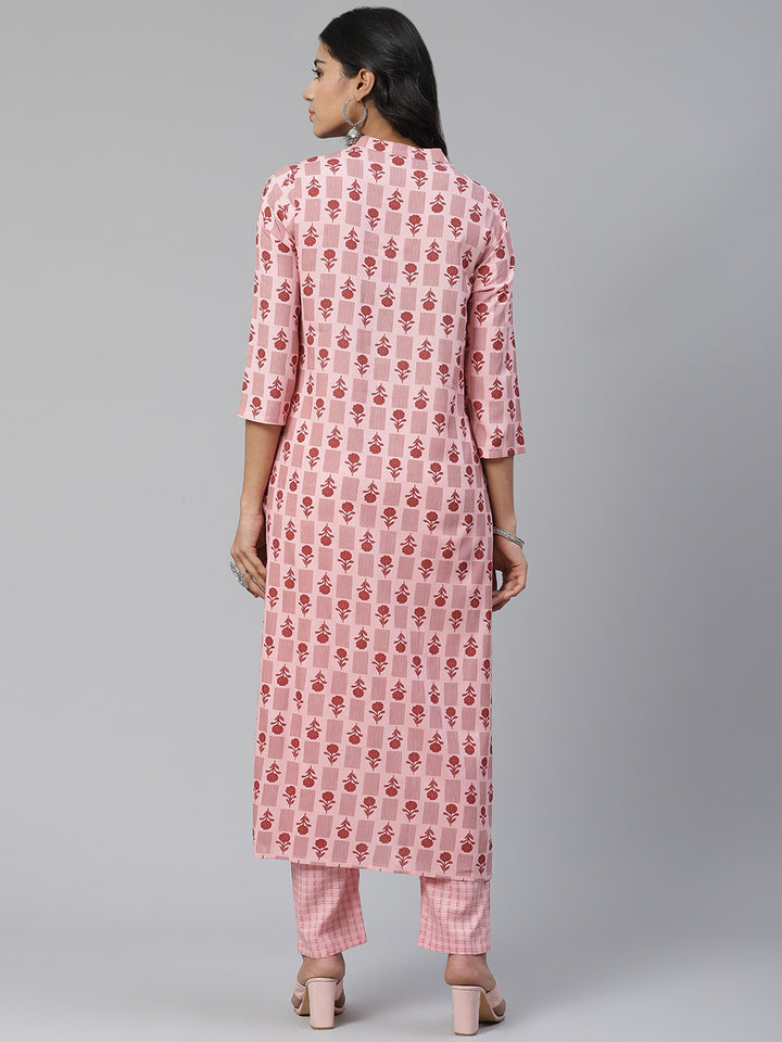 Women Pink Printed Hand work Yoke Design Kurta with Trousers