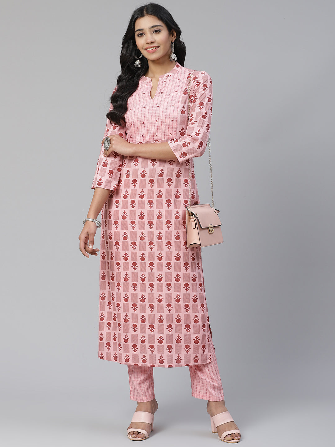 Women Pink Printed Hand work Yoke Design Kurta with Trousers