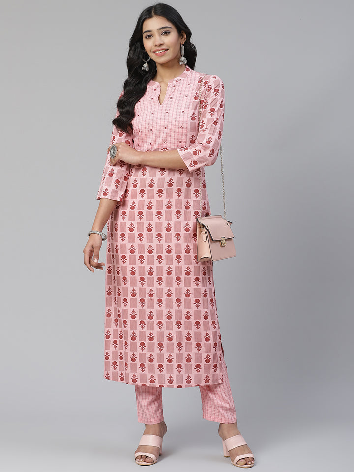 Women Pink Printed Hand work Yoke Design Kurta with Trousers