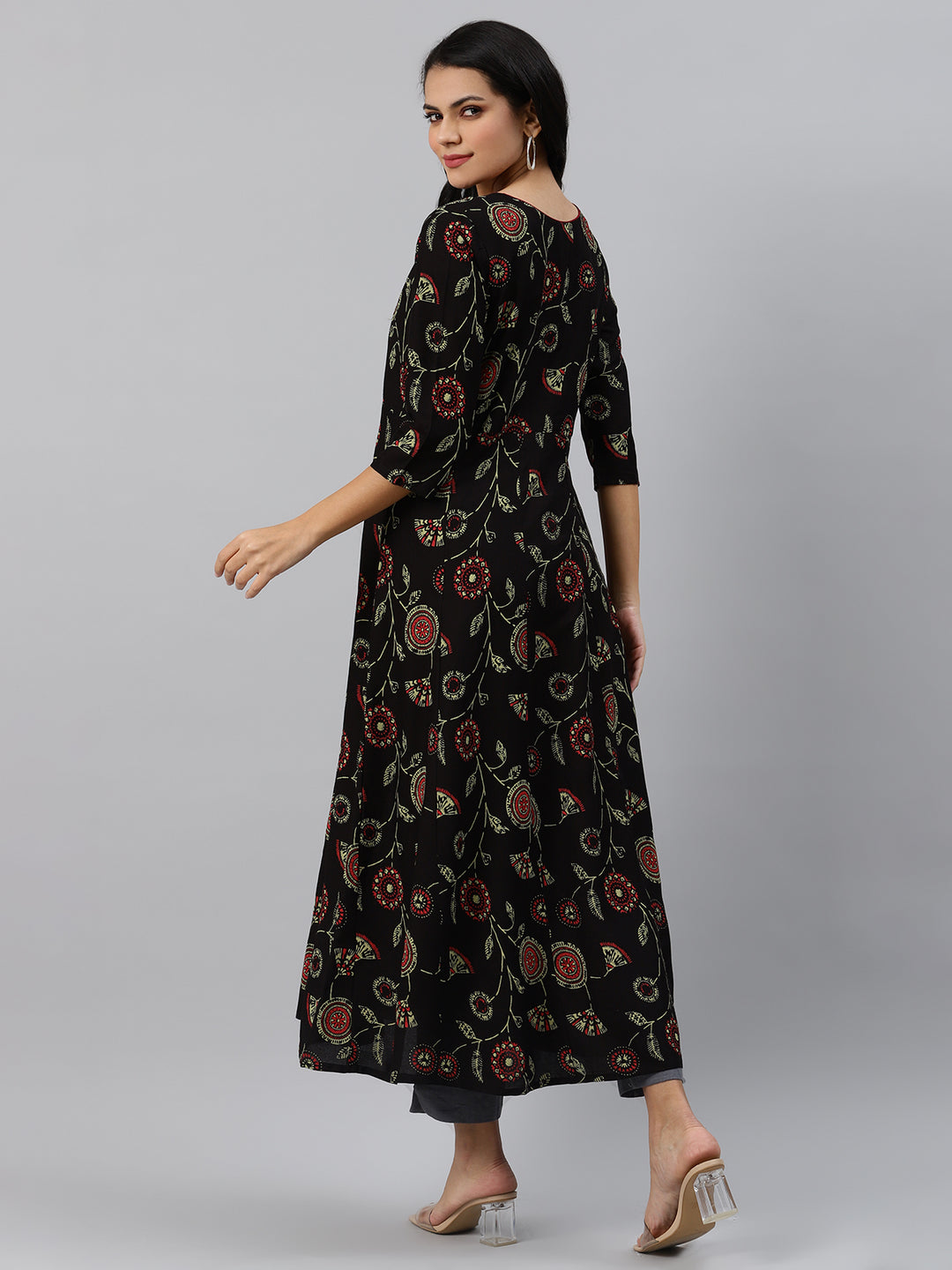 Women Black Floral Gathered Kurta