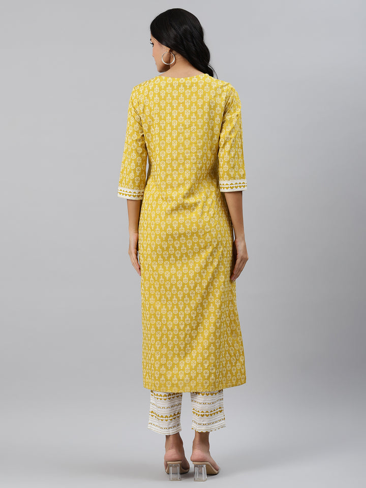 Women Yellow Printed Hand detailing Kurta with Trousers