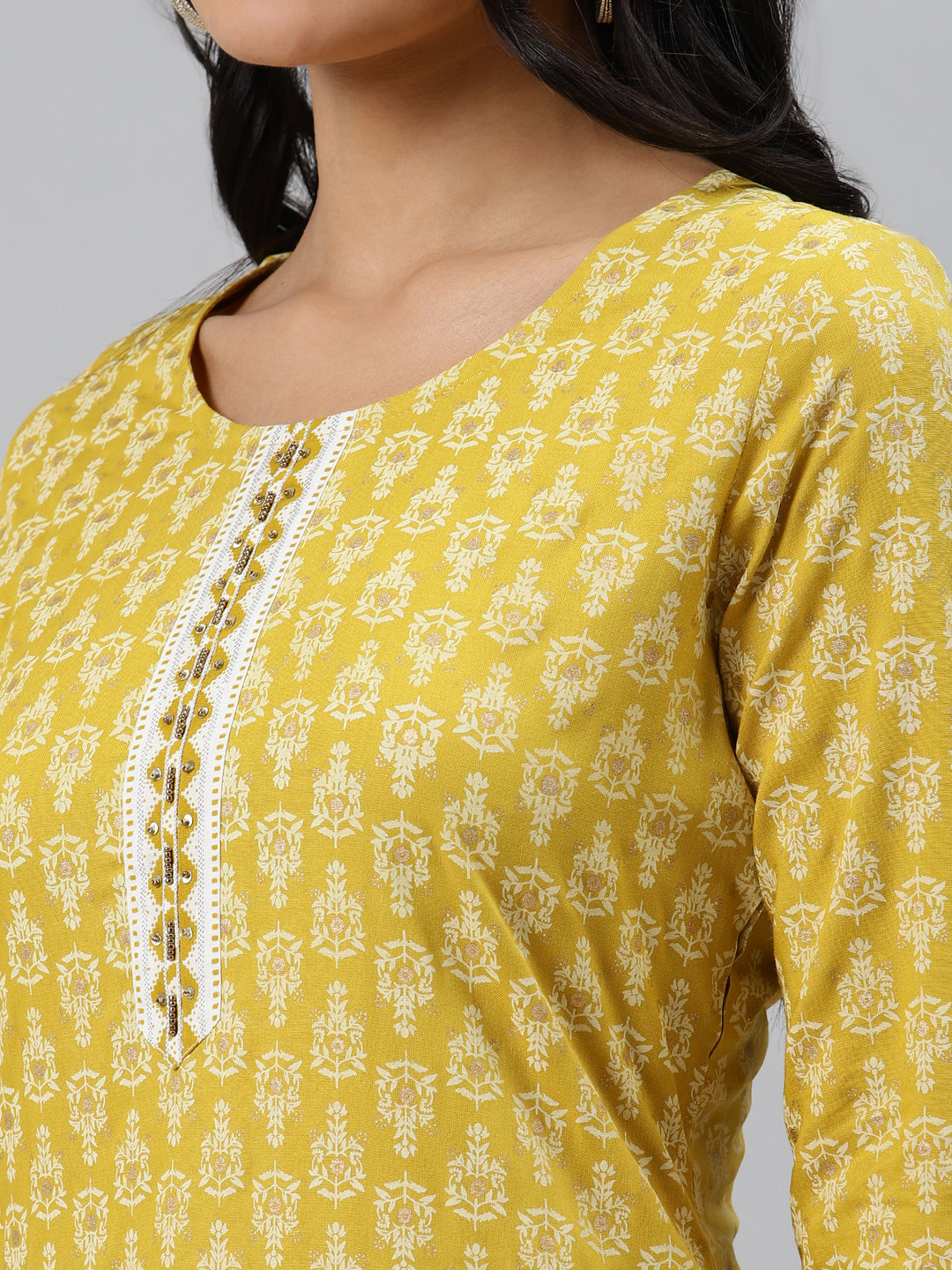 Women Yellow Printed Hand detailing Kurta with Trousers